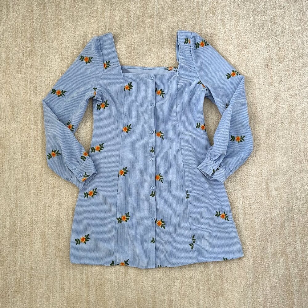 Cider Blue Floral Square Neck Corduroy Long Sleeve Mini Dress L